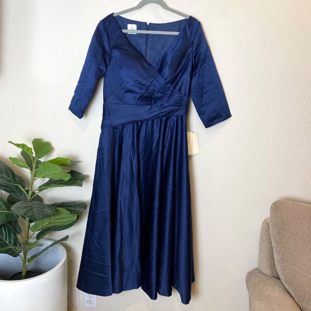 Lan Ting Bride V-Neck Quarter Sleeve Pleated A-Line Satin Tea Dress Navy Blue - Picture 2 of 8